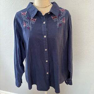Vintage Butterfly Embroidered Navy Blue Women's Top